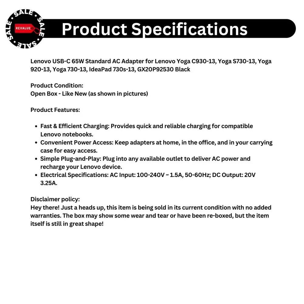 Lenovo USB-C 65W Standard AC Adapter 100-240V  1.5A 50-60Hz Lenovo‎ Yoga/IdeaPad